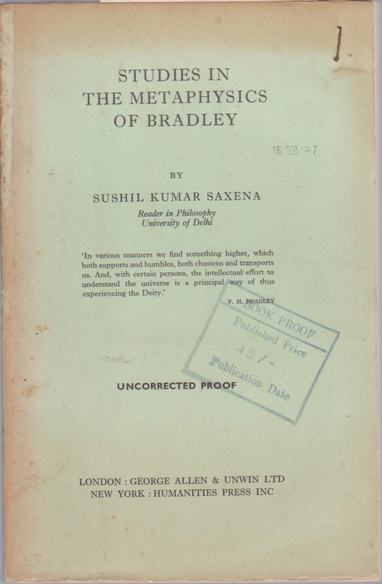 cover image of Uncorrected Proof copy of Studies in the Metaphysics of Bradley  for sale in New Zealand 